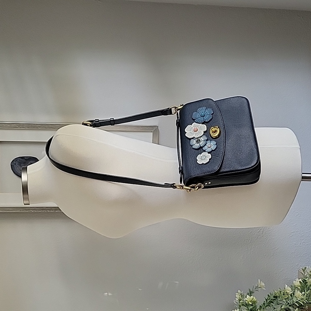 Navy Floral Appliqué Leather Shoulder Bag - Picture 4 of 15